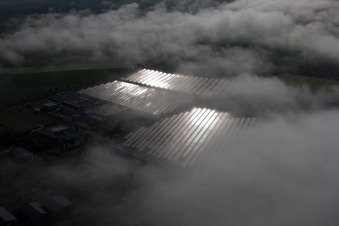 Photographie aérienne de Rangées de panneaux du système photovoltaïque du parc solaire ou de la centrale solaire noyées dans une couche de brouillard due aux intempéries à le quartier Bredenborn in Marienmünster dans le département Rhénanie du Nord-Westphalie, Allemagne