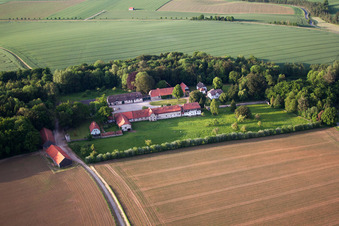 Vue aérienne de Ferme en bordure de champs cultivés dans le district d'Abbenburg à le quartier Bökendorf in Brakel dans le département Rhénanie du Nord-Westphalie, Allemagne