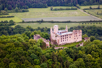 Vue aérienne de Complexe du château de Veste Leuchtenburg Burgstall (site du château) en Trimberg à le quartier Trimberg in Elfershausen dans le département Bavière, Allemagne