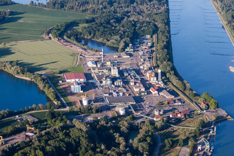 Vue aérienne de Locaux de l'usine du producteur de produits chimiques DOW SAS au bord du Rhin à Lauterbourg dans le département Bas Rhin, France