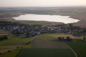 Vue aérienne de Village en face du Federsee avec des habitations sur pilotis à Tiefenbach dans le département Bade-Wurtemberg, Allemagne