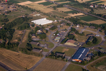 Vue aérienne de Complexe de bunkers abandonnés et dépôts de munitions sur l'ancienne zone d'entraînement militaire, ancien aérodrome militaire de Lahr, aujourd'hui Holz100 Schwarzwald GmbH à Lahr/Forêt-Noire à le quartier Schuttern in Friesenheim dans le département Bade-Wurtemberg, Allemagne