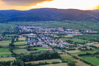 Vue aérienne de Vue de la ville depuis l'est avec le stade du TSG 1849 Deidesheim eV à Deidesheim dans le département Rhénanie-Palatinat, Allemagne
