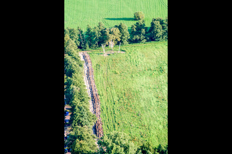 Vue aérienne de Tyrolienne géante Fun-Forest à la piscine de la forêt à Kandel dans le département Rhénanie-Palatinat, Allemagne