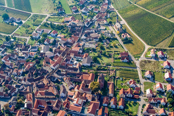 Vue aérienne de Village viticole entre les vignes de l'est à Birkweiler dans le département Rhénanie-Palatinat, Allemagne
