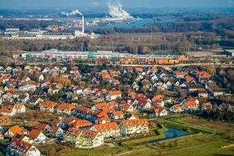 Vue aérienne de Rire de gorge à le quartier Maximiliansau in Wörth am Rhein dans le département Rhénanie-Palatinat, Allemagne