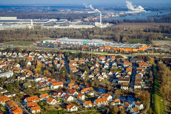 Vue aérienne de Rheindammstr en face du Centre Maximilien à le quartier Maximiliansau in Wörth am Rhein dans le département Rhénanie-Palatinat, Allemagne