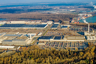 Vue aérienne de Camions Daimler du sud à le quartier Maximiliansau in Wörth am Rhein dans le département Rhénanie-Palatinat, Allemagne