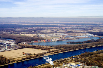 Vue oblique de Daimler de l'Est à le quartier Maximiliansau in Wörth am Rhein dans le département Rhénanie-Palatinat, Allemagne