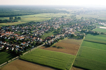Vue aérienne de Vue du village depuis le nord-est à Minfeld dans le département Rhénanie-Palatinat, Allemagne