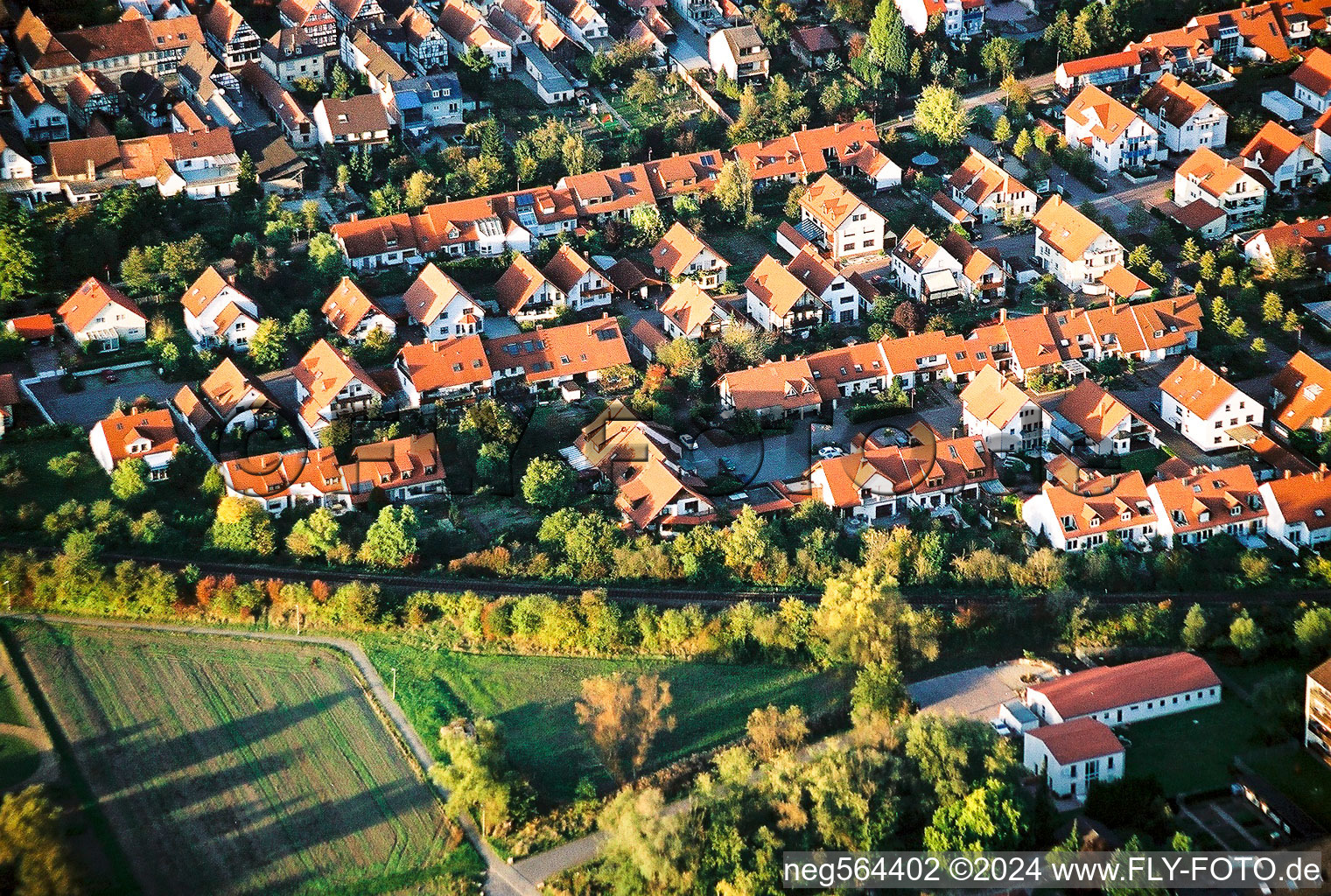 Photographie aérienne de Nouveau quartier résidentiel d'un lotissement de maisons unifamiliales Kandel dans la cerisaie à Kandel dans le département Rhénanie-Palatinat, Allemagne