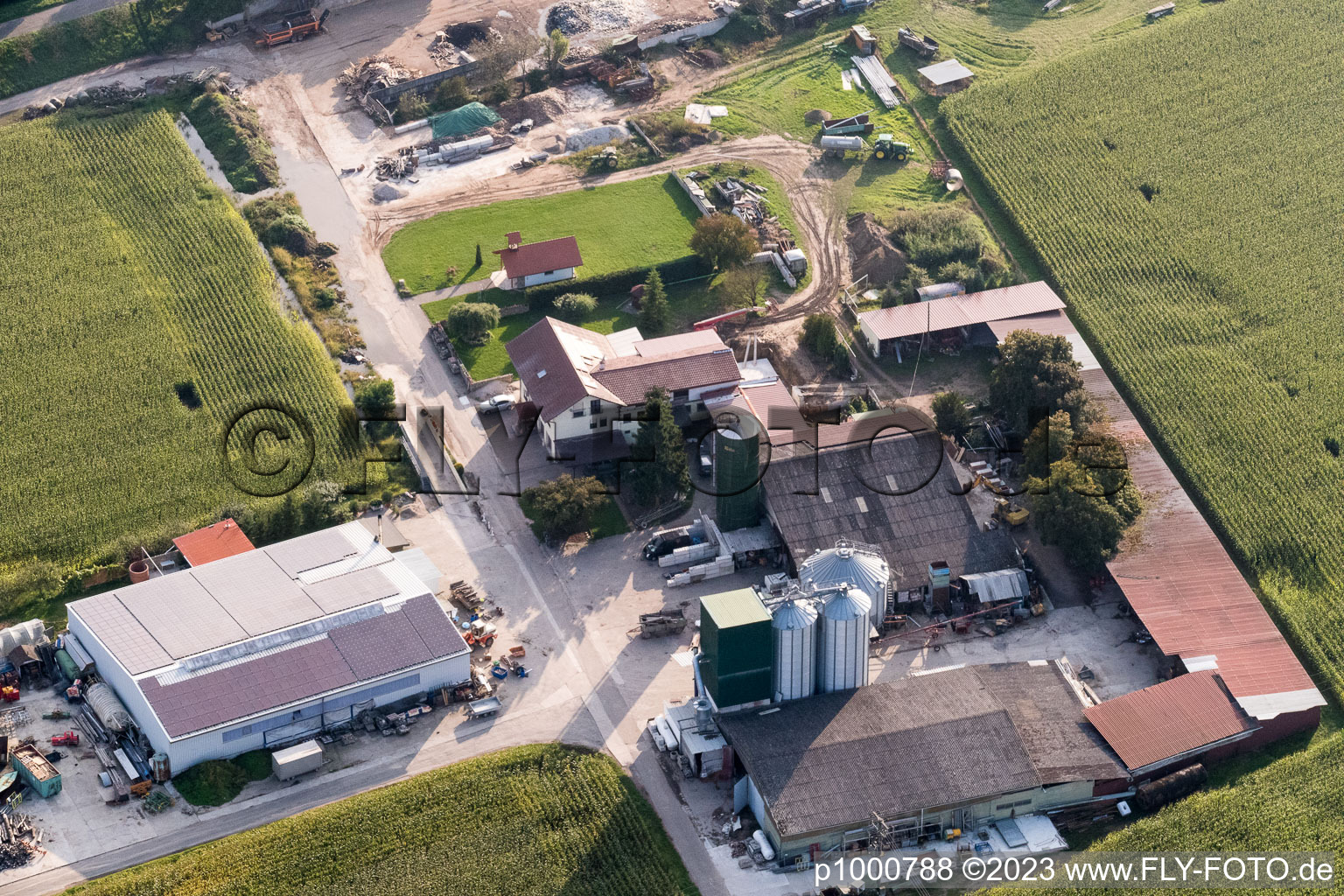 Vue aérienne de Propriété d'une ferme Richard Jungkind Recyclage Wendelinushof à le quartier Rheinsheim in Philippsburg dans le département Bade-Wurtemberg, Allemagne