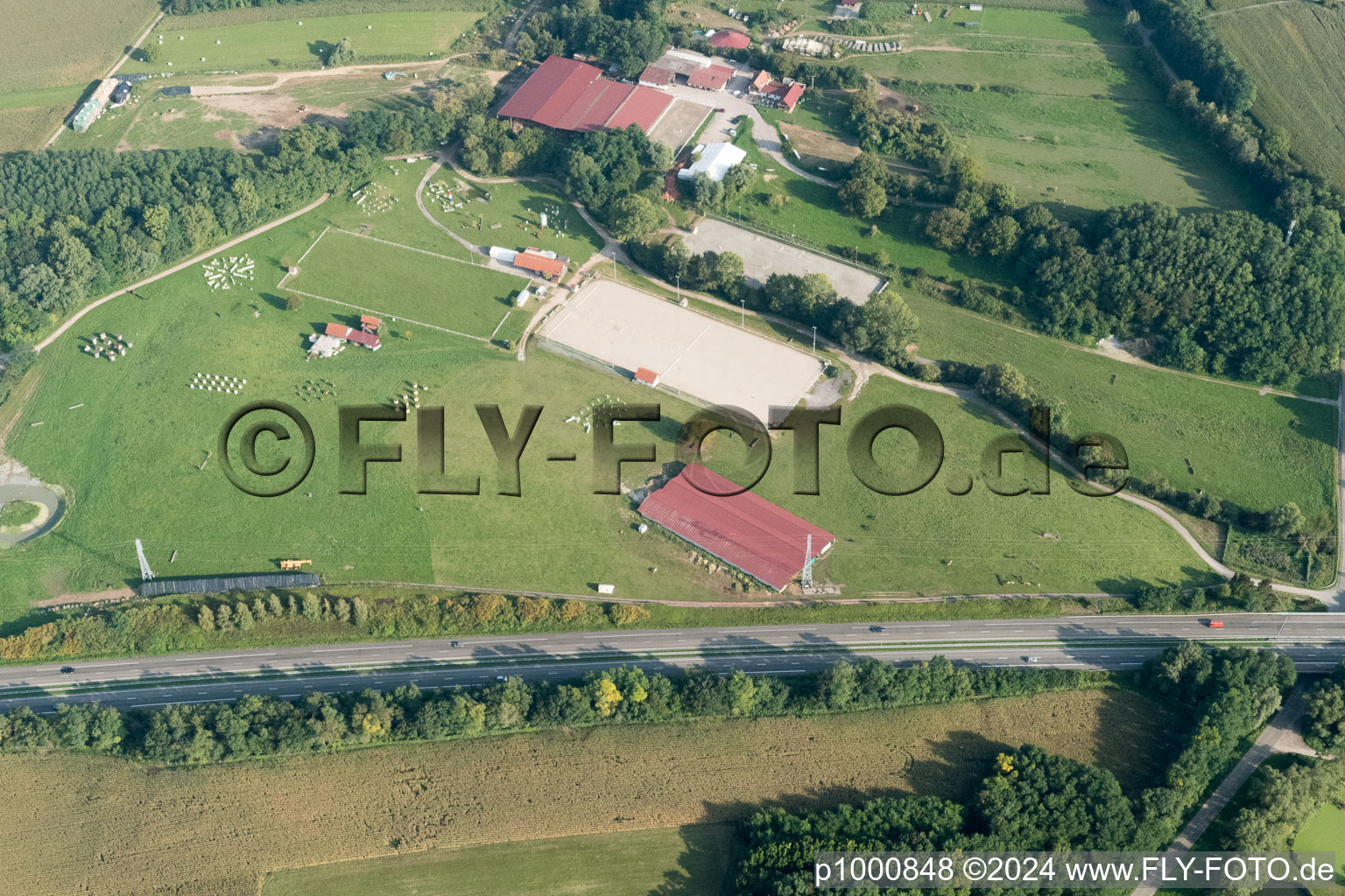 Haras de la Née à Neewiller-près-Lauterbourg dans le département Bas Rhin, France du point de vue du drone