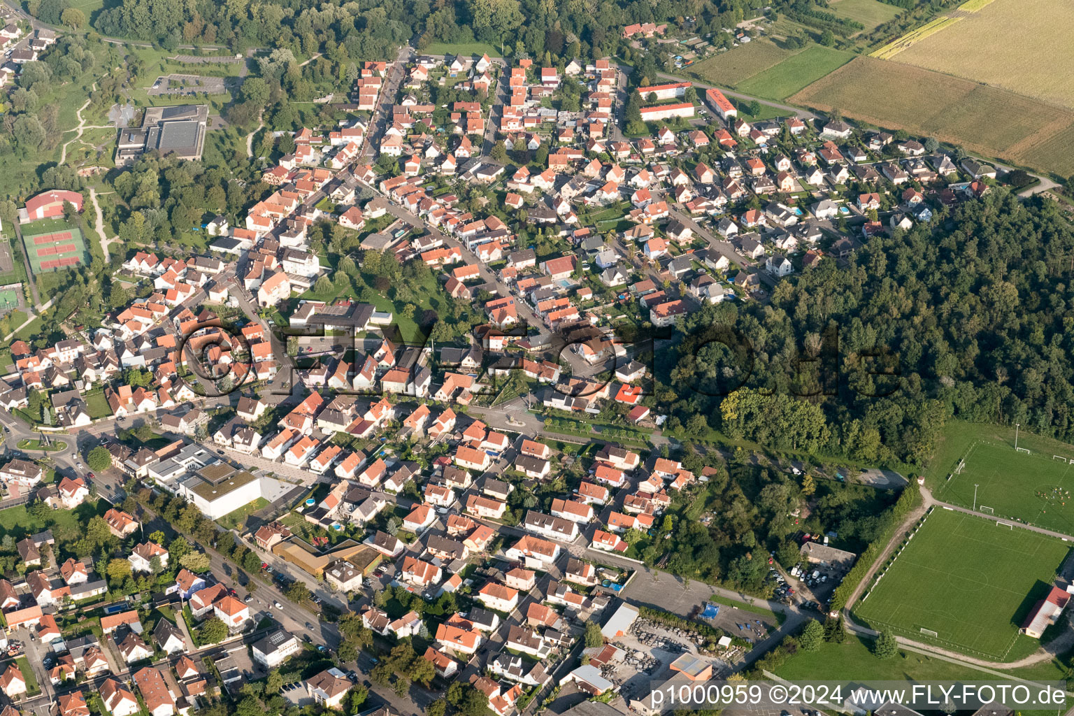 Vue aérienne de Vue des rues et des maisons des quartiers résidentiels à Drusenheim dans le département Bas Rhin, France