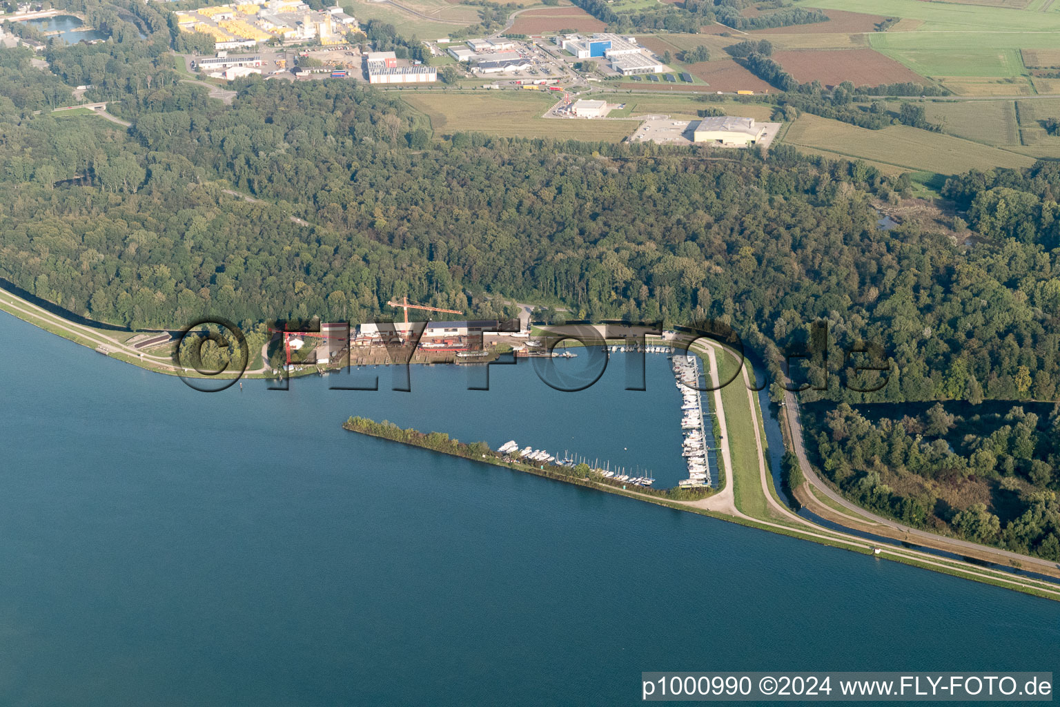 Vue aérienne de Diersheim, port de plaisance à le quartier Freistett in Rheinau dans le département Bade-Wurtemberg, Allemagne