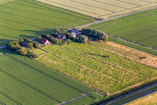 Vue aérienne de Fermes derrière la digue à le quartier Schülperweide in Wesselburenerkoog dans le département Schleswig-Holstein, Allemagne