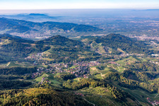 Vue aérienne de Vue en bordure des vignes et des caves à le quartier Büchelbach in Sasbachwalden dans le département Bade-Wurtemberg, Allemagne