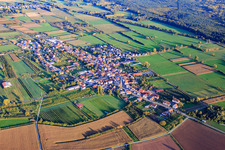 Vue aérienne de Vue d'ensemble du village entre champs et prairies automnales avec l'église Saint-Laurent du nord-ouest à Schweighofen dans le département Rhénanie-Palatinat, Allemagne