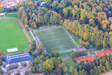 Vue aérienne de Stade du TuS 1908 Schaidt en bordure du Bienwald depuis le sud à le quartier Schaidt in Wörth am Rhein dans le département Rhénanie-Palatinat, Allemagne