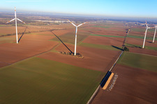 Parc éolien de Minfeld à Minfeld dans le département Rhénanie-Palatinat, Allemagne vue du ciel