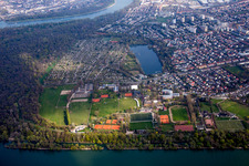 Vue aérienne de Ensemble de terrains de sport du TSV Mannheim-Neckarau et du lac de baignade Stollenwörthweier à le quartier Neckarau in Mannheim dans le département Bade-Wurtemberg, Allemagne