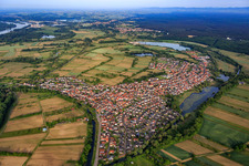 Vue aérienne de Vue du village depuis l'est à le quartier Neuburg in Neuburg am Rhein dans le département Rhénanie-Palatinat, Allemagne