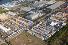 Vue aérienne de Zone industrielle Im Langgewan, société de transport Kube & Kubenz à Worms dans le département Rhénanie-Palatinat, Allemagne