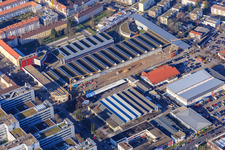 Vue aérienne de Dépôt de tramways de la Karlsruhe Transport Association (KVV) GmbH à le quartier Oststadt in Karlsruhe dans le département Bade-Wurtemberg, Allemagne