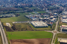 Vue aérienne de Zone industrielle dans la vallée de Spire avec ITK Engineering GmbH, TRANSAC International Shipping Company Ltd. et DBK David + Baader GmbH à Rülzheim dans le département Rhénanie-Palatinat, Allemagne