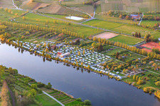 Vue aérienne de Camping Ankergrund au bord du Main à Volkach dans le département Bavière, Allemagne