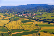 Vue aérienne de Champs et vignobles jusqu'à la forêt du Palatinat à Oberotterbach dans le département Rhénanie-Palatinat, Allemagne