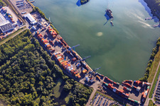 Vue aérienne de Zone industrielle d'Oberwald, port rhénan de Wörth à le quartier Maximiliansau in Wörth am Rhein dans le département Rhénanie-Palatinat, Allemagne