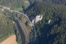 Vue aérienne de Disposition des voies ferrées et routières dans la structure du pont pour traverser la rive du Danube à le quartier Unterschmeien in Sigmaringen dans le département Bade-Wurtemberg, Allemagne