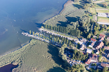 Vue aérienne de Port de plaisance du club de voile Moos eV avec postes d'amarrage pour bateaux de sport et postes d'amarrage pour bateaux au bord du lac de Constance à Moos dans le département Bade-Wurtemberg, Allemagne