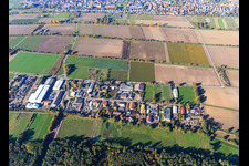 Vue aérienne de Zone commerciale sur le Pâturage depuis le sud à le quartier Niederlustadt in Lustadt dans le département Rhénanie-Palatinat, Allemagne