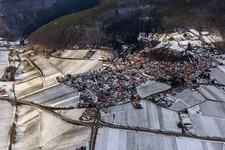 Vue aérienne de Vue d'un village viticole au bord du Haardt en hiver entre des vignes enneigées depuis l'est à Gleisweiler dans le département Rhénanie-Palatinat, Allemagne