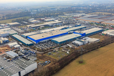 Vue aérienne de Zone industrielle de Landau Est du nord-est avec Rose Druck GmbH, RONAL GmbH et APL Automobil-Prüftechnik Landau GmbH à Landau in der Pfalz dans le département Rhénanie-Palatinat, Allemagne