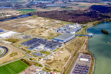 Vue aérienne de Site du centre logistique Netto dans la zone industrielle d'Oberwald à le quartier Maximiliansau in Wörth am Rhein dans le département Rhénanie-Palatinat, Allemagne