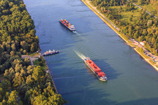 Vue aérienne de Le ferry du Rhin Leimersheim attend 2 cargos sur le Rhin à Leimersheim dans le département Rhénanie-Palatinat, Allemagne