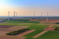 Vue oblique de Parc éolien Hochborn-Gau-Heppenheim au nord de Bechtheim à le quartier Heßloch in Dittelsheim-Heßloch dans le département Rhénanie-Palatinat, Allemagne