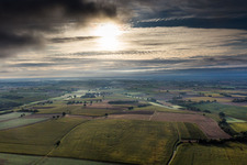 Vue aérienne de Structures dans les champs agricoles dans la lumière matinale du Viehstrich à le quartier Deutschhof in Kapellen-Drusweiler dans le département Rhénanie-Palatinat, Allemagne