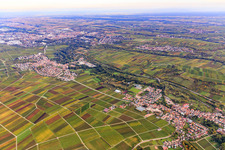 Vue aérienne de Vue de la vallée de Queichtal de ce côté de la B10 vers Godramstein depuis l'ouest à Siebeldingen dans le département Rhénanie-Palatinat, Allemagne