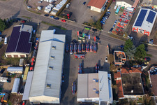 Vue aérienne de Barthelsmühlring avec échelle tournante atelier Beitel und Stier GmbH, Ronnys Folienwelt GmbH à le quartier Minderslachen in Kandel dans le département Rhénanie-Palatinat, Allemagne