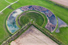 Vue aérienne de Arches circulaires d'un système d'irrigation à pivot sur biotope et champs agricoles à Pavia di Udine dans le département Udine, Italie