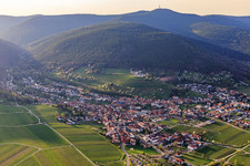 Vue aérienne de Vue du village viticole au printemps depuis l'est à le quartier SaintMartin in Sankt Martin dans le département Rhénanie-Palatinat, Allemagne