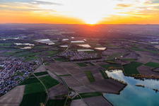 Vue aérienne de Coucher de soleil dans la plaine du Rhin à le quartier Hardtwald in Neupotz dans le département Rhénanie-Palatinat, Allemagne