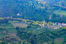 Vue aérienne de Wachtenburg (ruines du château Wachenheim) entouré de rangées de vignes du sud-ouest à le quartier Wachenheim in Wachenheim an der Weinstraße dans le département Rhénanie-Palatinat, Allemagne