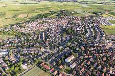 Vue aérienne de Vue sur la commune en bordure de champs agricoles et de zones agricoles à Zornheim dans le département Rhénanie-Palatinat, Allemagne