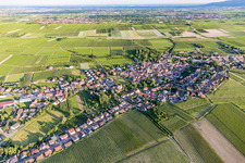 Vue aérienne de Vue sur la commune en bordure de champs agricoles et de zones agricoles à Großkarlbach dans le département Rhénanie-Palatinat, Allemagne