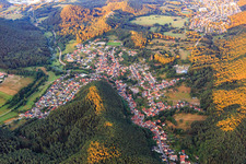 Vue aérienne de Vue de la forêt du Palatinat le matin depuis le nord-est à Erfweiler dans le département Rhénanie-Palatinat, Allemagne